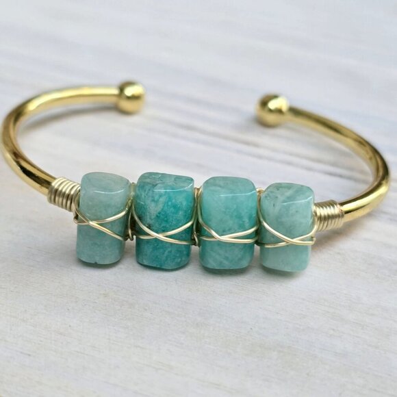 Amazonite Cuff ✦ Tranquility Talisman 14Kt Gold Wire Wrap ✦ Crystal Handmade - Picture 5 of 11